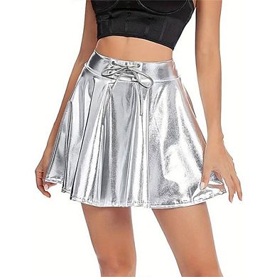 Women's PU Leather Skater Skirt with Elastic Lace-Up Waistband