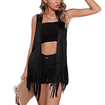 Women's Tassels Vest Tops Faux Suede Fringe Vests Jacket Cardigan Open Front Rodeo Cowgirl Shirt