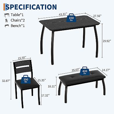 4-Piece Dining Table Set, Modern Wooden Table with Upholstered Bench & 2 Cushioned Chairs