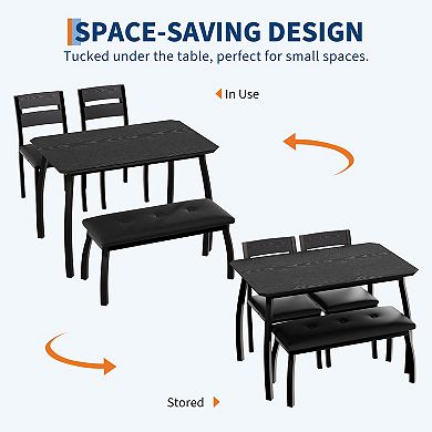 4-Piece Dining Table Set, Modern Wooden Table with Upholstered Bench & 2 Cushioned Chairs