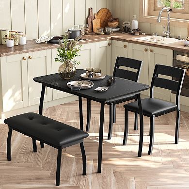 4-Piece Dining Table Set, Modern Wooden Table with Upholstered Bench & 2 Cushioned Chairs