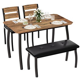 4 pc Dining Table Set, Modern Wooden Table with Upholstered Bench & 2 Cushioned Chairs