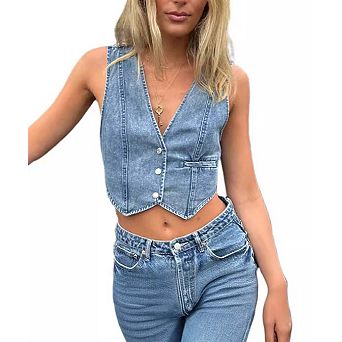 Women's Fashion Casual V-Neck Sleeveless Denim Vest Waistcoat