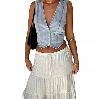 Women's Fashion Casual V-Neck Sleeveless Denim Vest Waistcoat