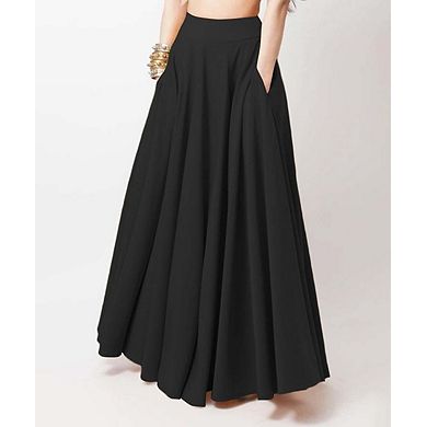 Women's Solid Color Pleated Maxi Skirt with Dual Side Pockets