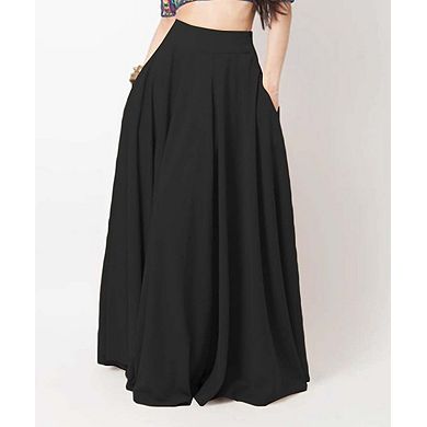 Women's Solid Color Pleated Maxi Skirt with Dual Side Pockets