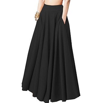 Women's Solid Color Pleated Maxi Skirt with Dual Side Pockets