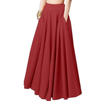 Women's Solid Color Pleated Maxi Skirt with Dual Side Pockets