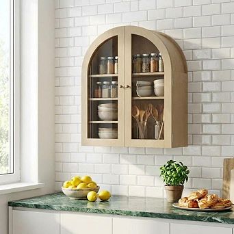 Arched Wall Cabinet With Acrylic Door,Bathroom Medicine Cabinet,Wall-Mounted Cupboard,Wood Cabinet