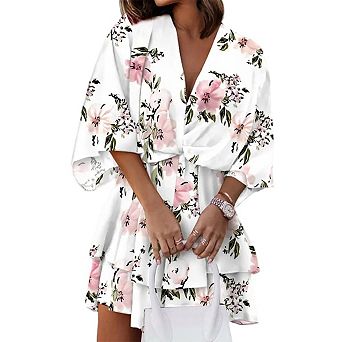 Womens V Neck Boho Floral Print Dress Casual Half Sleeve Flowy Beach Vacation Midi Dresses