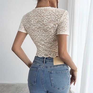 Women's Floral Lace Crop Tops V Neck Short Sleeve Tee Shirt Going Out Blouses