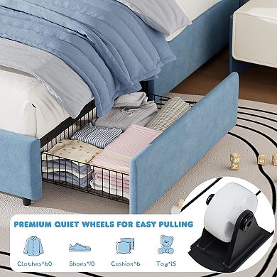 Twin Bed Frame with Storage Drawer, Headboard, No Box Spring Needed, Wooden Slats, Noise Free