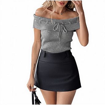 Women’s Off Shoulder Knit Top Short Sleeve Bow Drawstring Crop Tops Solid Color Elegant Outfits