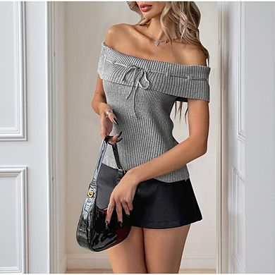 Women’s Off Shoulder Knit Top Short Sleeve Bow Drawstring Crop Tops Solid Color Elegant Outfits