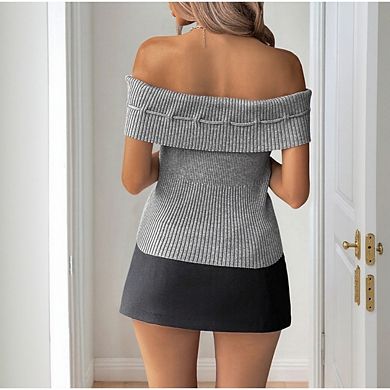 Women’s Off Shoulder Knit Top Short Sleeve Bow Drawstring Crop Tops Solid Color Elegant Outfits