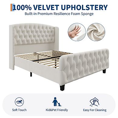 Platform Bed Frame with 51'' Tall Button Tufted Wingback Headboard, Nailhead Trim, Easy Assembly