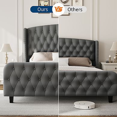 Platform Bed Frame with 51'' Tall Button Tufted Wingback Headboard, Nailhead Trim, Easy Assembly