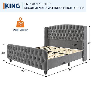 Platform Bed Frame with 51'' Tall Button Tufted Wingback Headboard, Nailhead Trim, Easy Assembly
