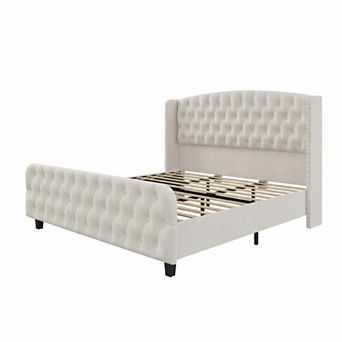 Platform Bed Frame with 51'' Tall Button Tufted Wingback Headboard, Nailhead Trim, Easy Assembly