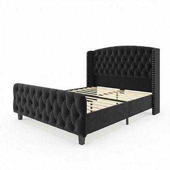 Platform Bed Frame with 51'' Tall Button Tufted Wingback Headboard, Nailhead Trim, Easy Assembly