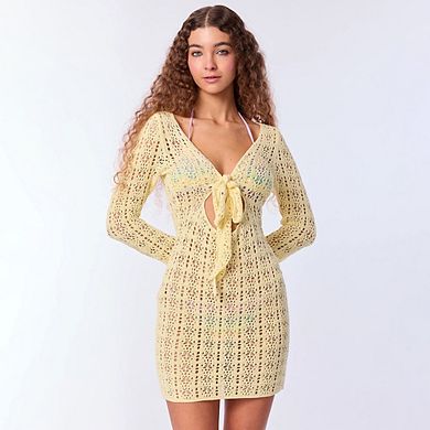 Women’s Hollow Out Crochet Cover Up Dress Solid Color Front Tie Flared Sleeve Beach Dresses