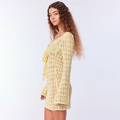 Women’s Hollow Out Crochet Cover Up Dress Solid Color Front Tie Flared Sleeve Beach Dresses