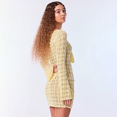 Women’s Hollow Out Crochet Cover Up Dress Solid Color Front Tie Flared Sleeve Beach Dresses