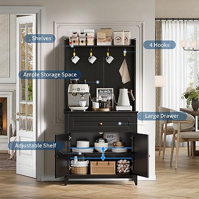 63" Sideboard Buffet Cabinet, 4 Hooks, Drawer, Adjustable Shelves, for Kitchen Room, Living Room