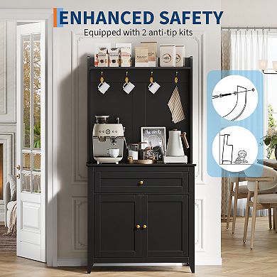 63" Sideboard Buffet Cabinet, 4 Hooks, Drawer, Adjustable Shelves, for Kitchen Room, Living Room