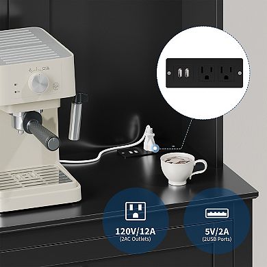 63" Sideboard Buffet Cabinet, 4 Hooks, Drawer, Adjustable Shelves, for Kitchen Room, Living Room