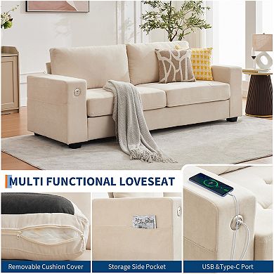 Modern Chenille Fabric Loveseat Sofa Couch with USB & Type-C Charging Ports, Perfect for Living Room
