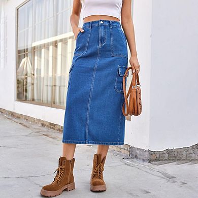 Women's Long Cargo Denim Skirt with Multi-Pockets Utility Style