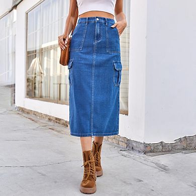 Women's Long Cargo Denim Skirt with Multi-Pockets Utility Style