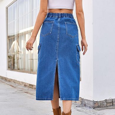 Women's Long Cargo Denim Skirt with Multi-Pockets Utility Style