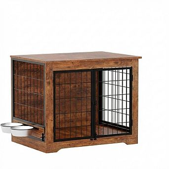 37.2" Dog Crate Furniture with 360° Rotating Feeder and 2 Doors