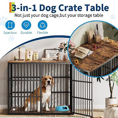 3-in-1 Wooden Dog Crate Furniture with Lockable Doors and Removable Divider