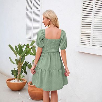 Women's Square Neck Puff Sleeve Smocked Mini Dress Cute Ruffle Hem Dress