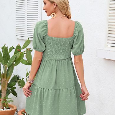 Women's Square Neck Puff Sleeve Smocked Mini Dress Cute Ruffle Hem Dress