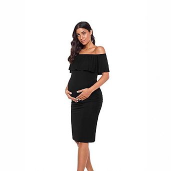Women's Off-Shoulder Ruffle Maternity Midi Dress Bodycon Baby Shower Dress