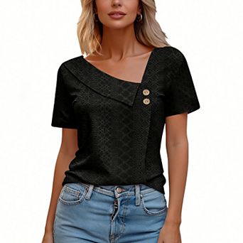 Women's Summer Eyelet Short Sleeve V Neck Asymmetric Boho Shirt Button Loose Fit Casual Top Blouse
