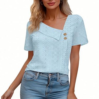 Women's Summer Eyelet Short Sleeve V Neck Asymmetric Boho Shirt Button Loose Fit Casual Top Blouse