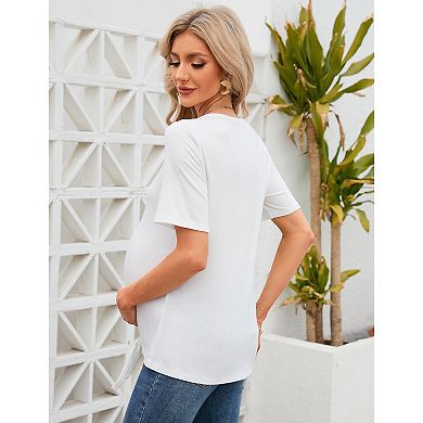 Maternity V Neck Button Up Shirt Summer Short Sleeve Nursing Tops