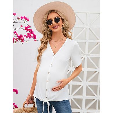 Maternity V Neck Button Up Shirt Summer Short Sleeve Nursing Tops