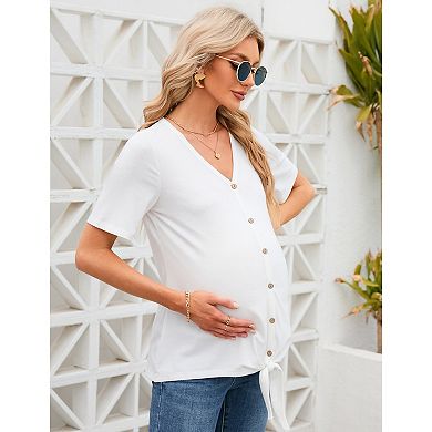 Maternity V Neck Button Up Shirt Summer Short Sleeve Nursing Tops