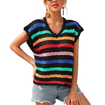 Womens Rainbow Stripe Crochet Hollow Out Knit Cover Up Shirt Summer Casual Beach Short Sleeve Top