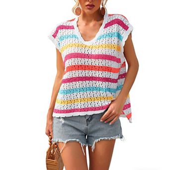 Womens Rainbow Stripe Crochet Hollow Out Knit Cover Up Shirt Summer Casual Beach Short Sleeve Top