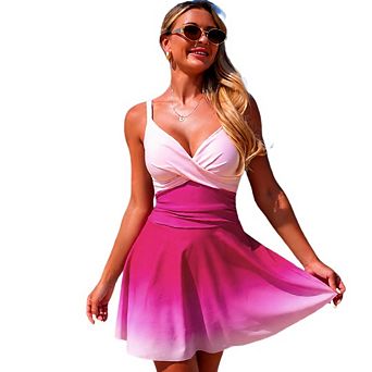 Women's One Piece Swimsuit V Neck Color Block Swim Dress Waist Pleated Bathing Suit