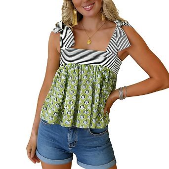 Women's Tie Strap Print Babydoll Top Square Neck Flowy Ruffled Tiered Summer Blouse Top