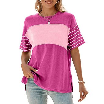Summer Tops Trendy Oversized Crewneck Casual Color Block Striped Womens Shirts Blouses