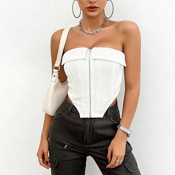Women's Fitted Strapless Zip Front Crop Top, Textured Curved Hem Casual Blouse